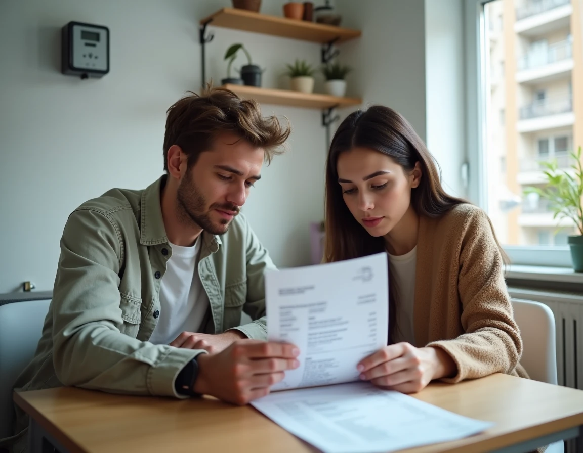 Couple de locataires analysant leurs charges locatives récupérables dans un appartement moderne