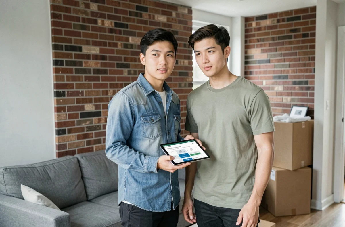 Couple de locataires comparant des offres d'assurance habitation sur une tablette dans leur salon