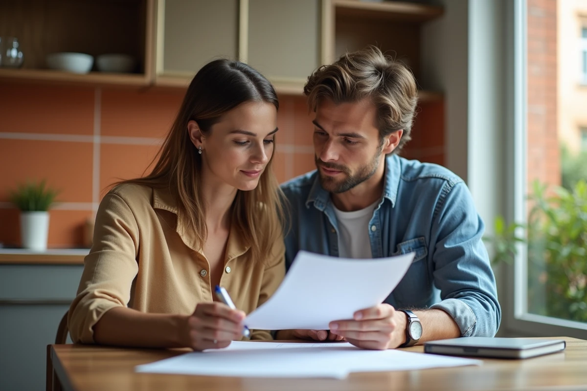 Couple de locataires étudiant un préavis de départ et les conditions légales du bail