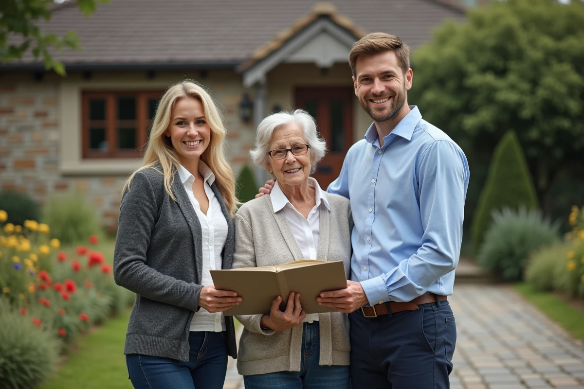 Jeune couple et femme âgée devant une maison en pierre en extérieur