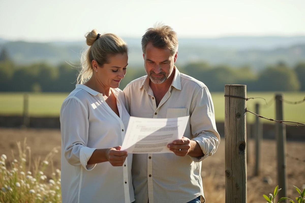 Couple consultant un permis de construire sur une parcelle de terrain en Vendée avant installation d'un mobil home