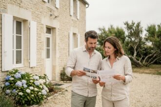 Couple examinant des documents immobiliers devant une maison vendéenne en pierre avec volets blancs et jardin fleuri