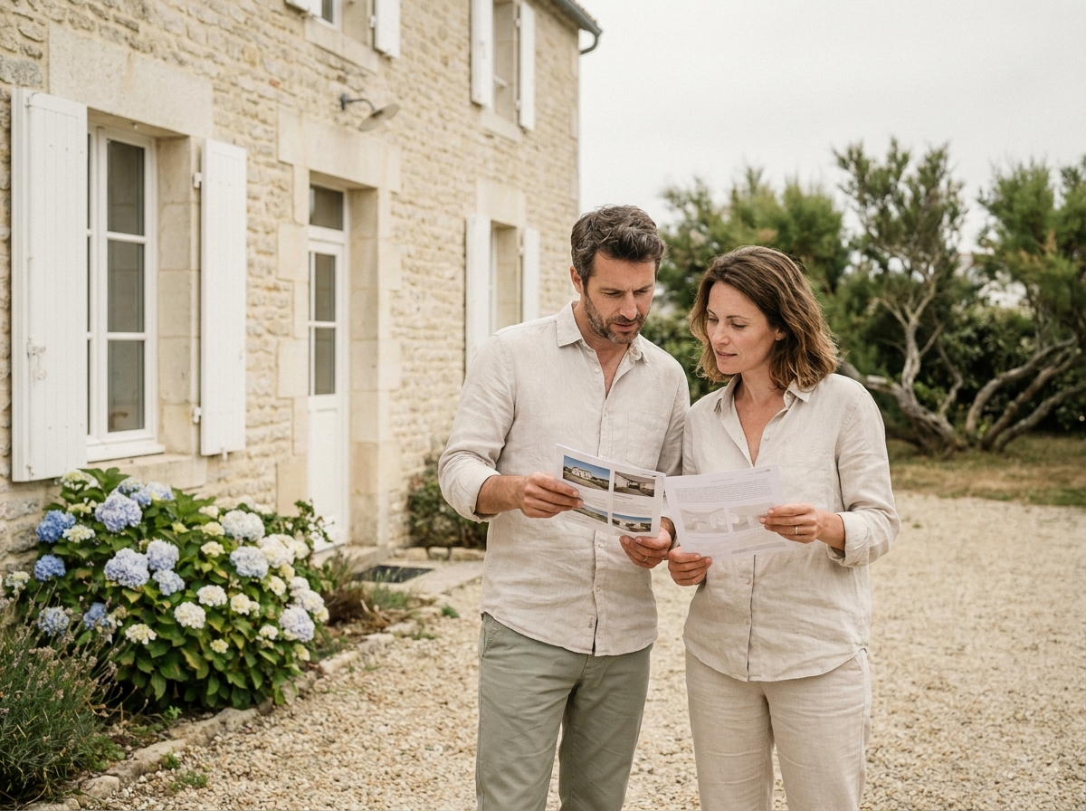 Couple examinant des documents immobiliers devant une maison vendéenne en pierre avec volets blancs et jardin fleuri