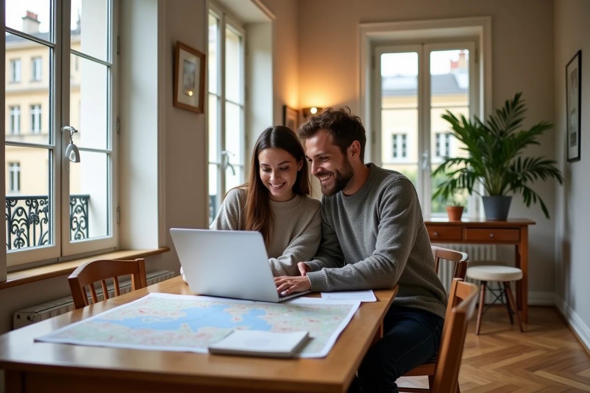 Couple consultant des annonces immobilières sur un ordinateur portable dans un appartement haussmannien à Lyon