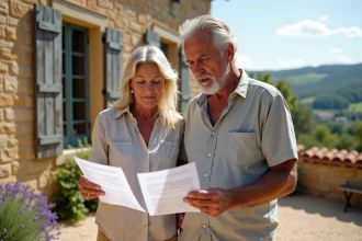 Couple consultant des documents fiscaux sur la terrasse d'une résidence secondaire en Provence, illustration de la taxe d'habitation résidence secondaire