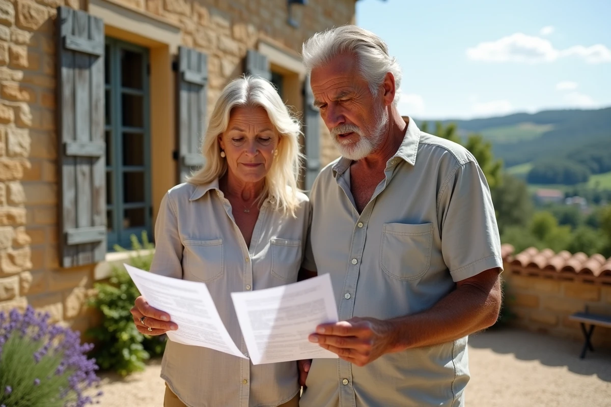 Couple consultant des documents fiscaux sur la terrasse d'une résidence secondaire en Provence, illustration de la taxe d'habitation résidence secondaire