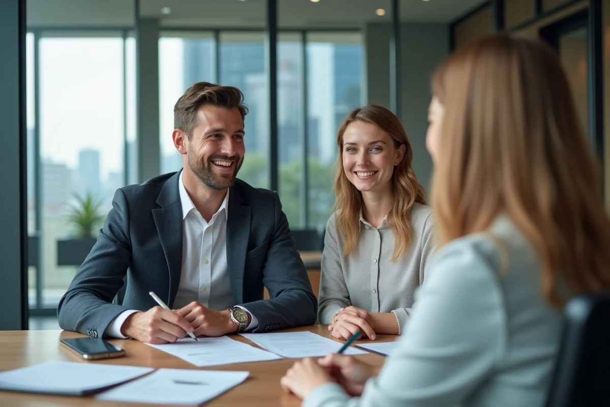 Jeune couple signe un contrat immobilier dans un bureau moderne