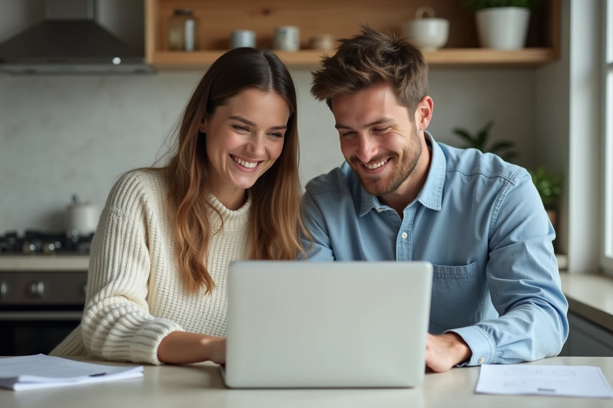Jeune couple travaillant ensemble sur un ordinateur portable à la maison