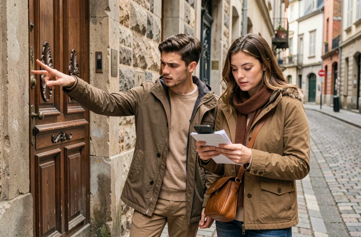 Jeune couple visitant un immeuble à Lyon avant de signer un bail de location, conseils pour éviter les erreurs fréquentes