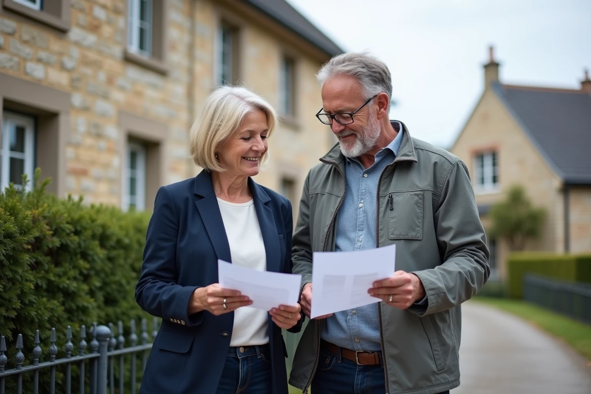 Couple visitant une maison à vendre en bord de mer en Normandie lors d'une séance de recherche immobilière