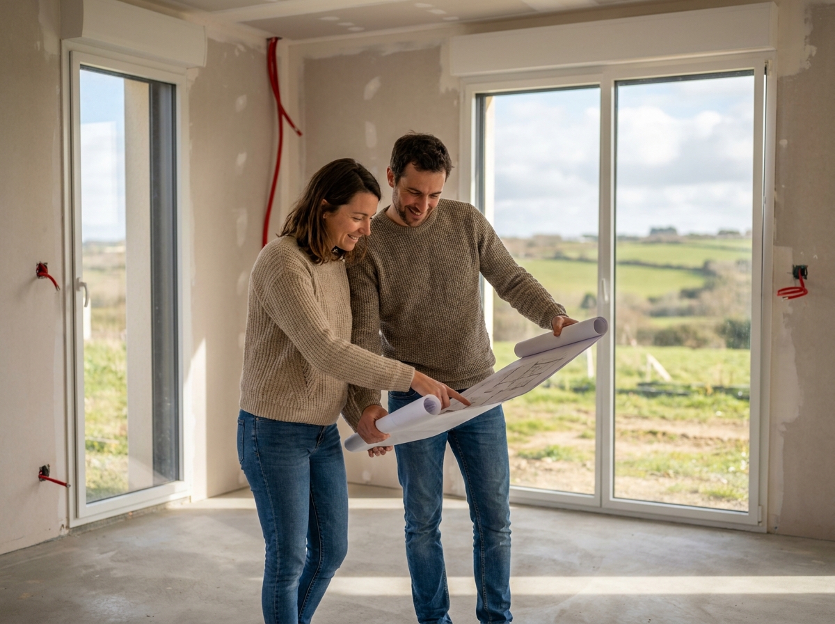 Couple visitant l'intérieur d'une maison neuve en Bretagne avant aménagement
