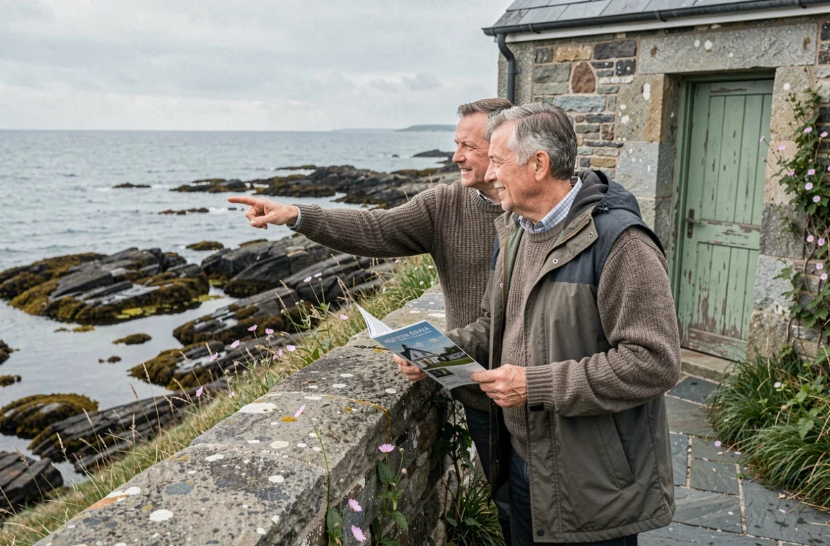 Couple visitant une maison de pêcheur bretonne à vendre avec vue sur le littoral rocheux de Bretagne