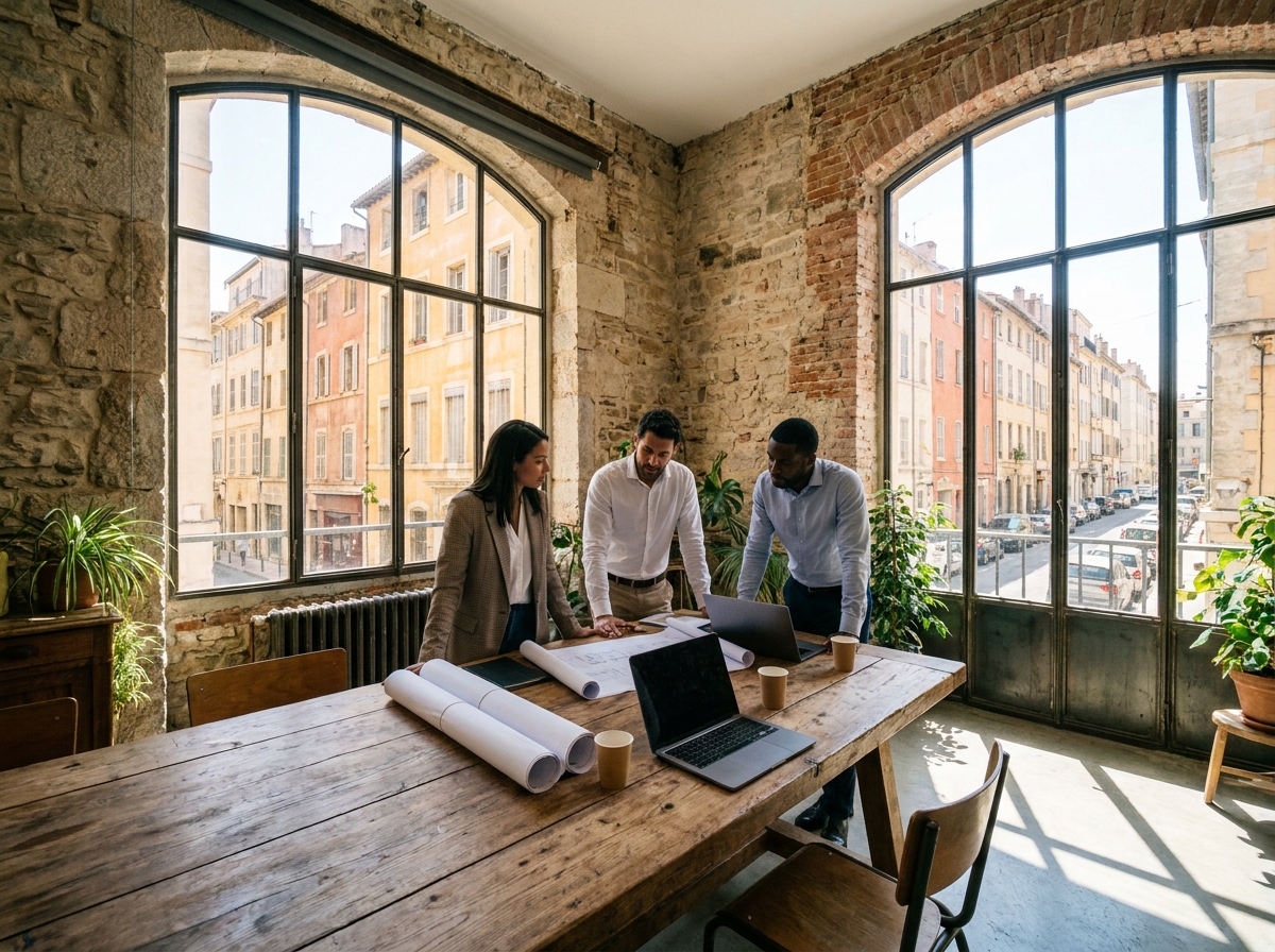 Équipe de professionnels en réunion dans un espace de coworking marseillais aménagé dans un loft industriel