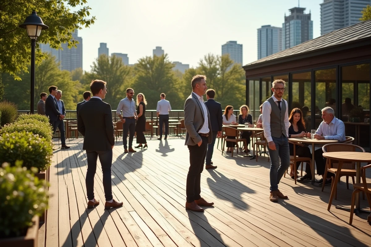Personnes discutant sur une terrasse en plein air