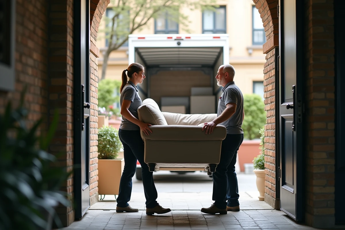 Équipe de déménageurs portant un canapé dans un immeuble