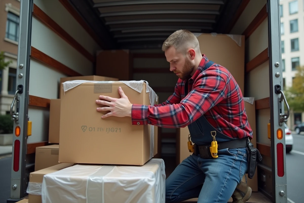 Déménageur attachant un meuble dans un camion en ville