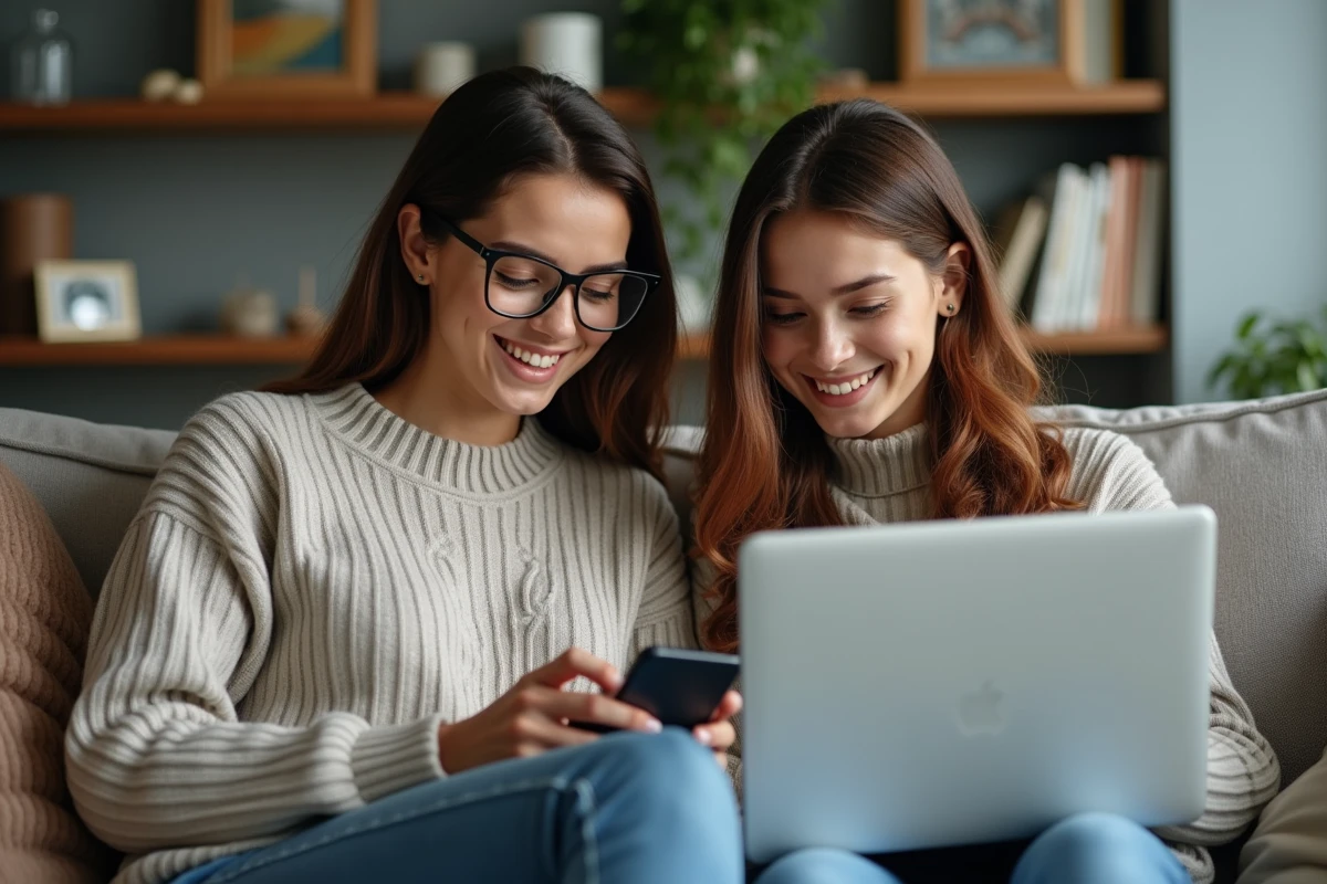 Deux jeunes femmes vérifient des paiements de factures sur un sofa