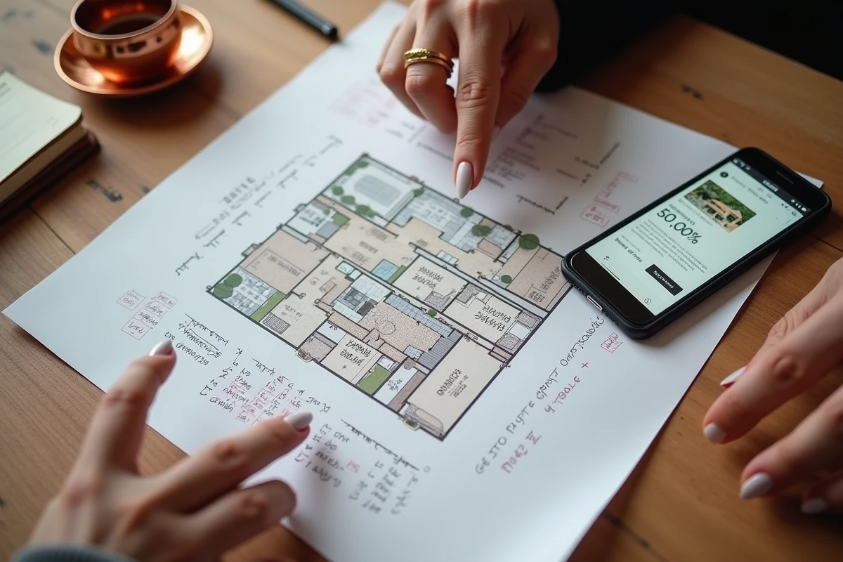 Plans et documents immobiliers pour l'achat d'une maison à Marrakech, avec notes de prix en euros et dirhams sur un bureau en bois