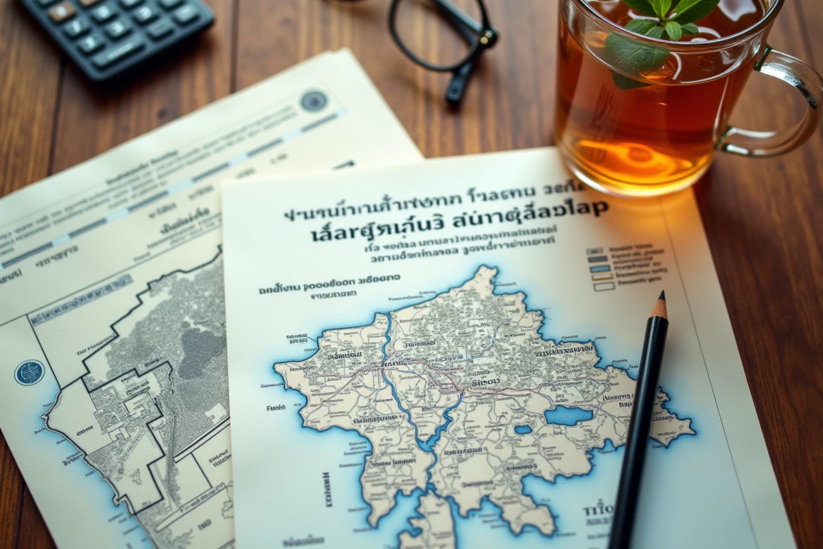 Vue en plongée d'un bureau couvert de documents immobiliers thaïlandais, d'une carte de Chiang Mai et d'un acte de propriété pour illustrer les pièges de l'investissement