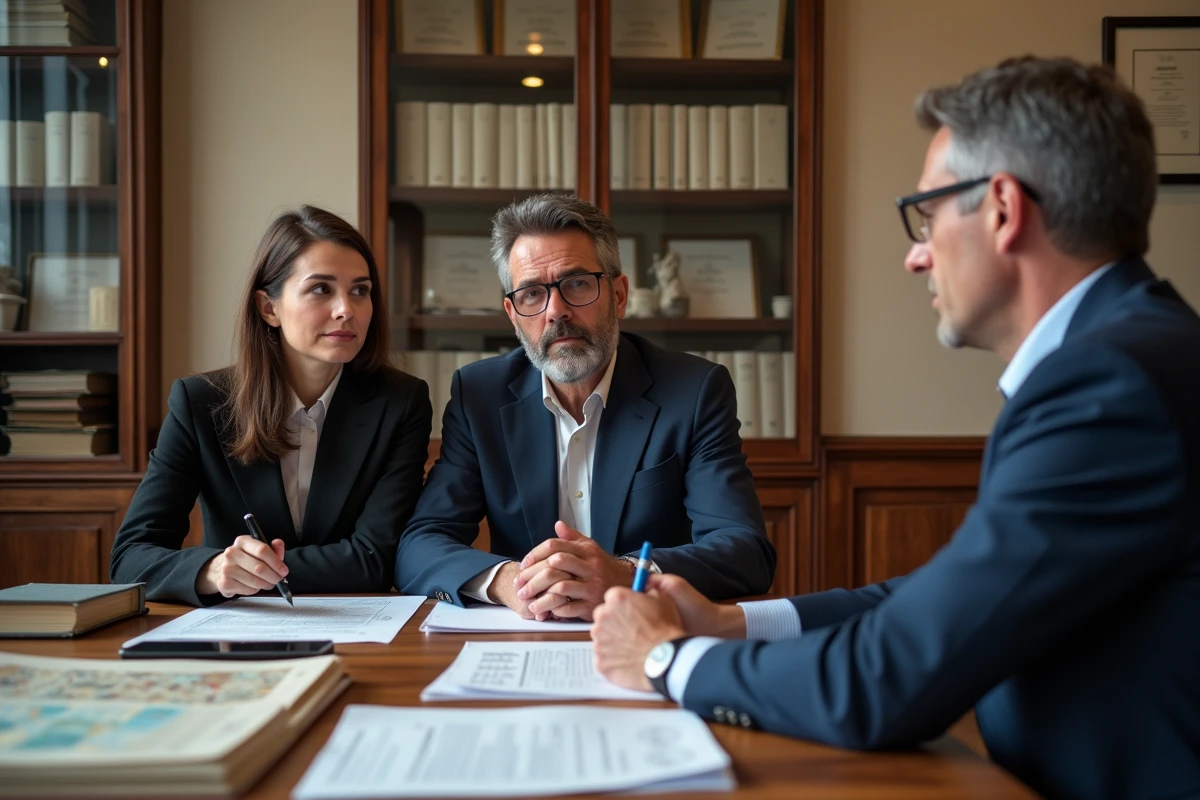 Couple et notaire signant des documents pour la donation d'une maison abandonnée dans un office notarial