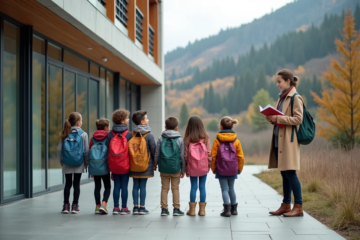 Écoliers devant une école moderne en Andorre entourée de forêts de montagne en automne