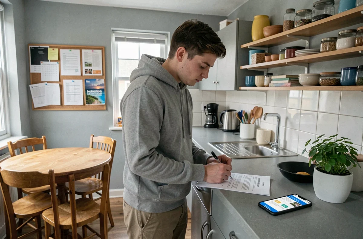 Étudiant remplissant un formulaire d'assurance habitation dans une cuisine de colocation