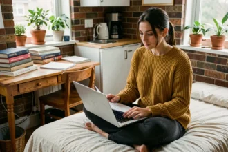 Étudiante consultant des documents d'assurance logement dans son studio universitaire