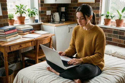 Étudiante consultant des documents d'assurance logement dans son studio universitaire