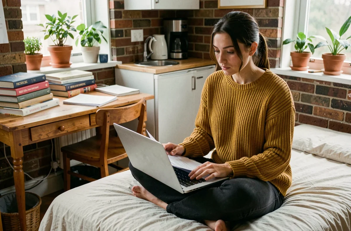 Étudiante consultant des documents d'assurance logement dans son studio universitaire