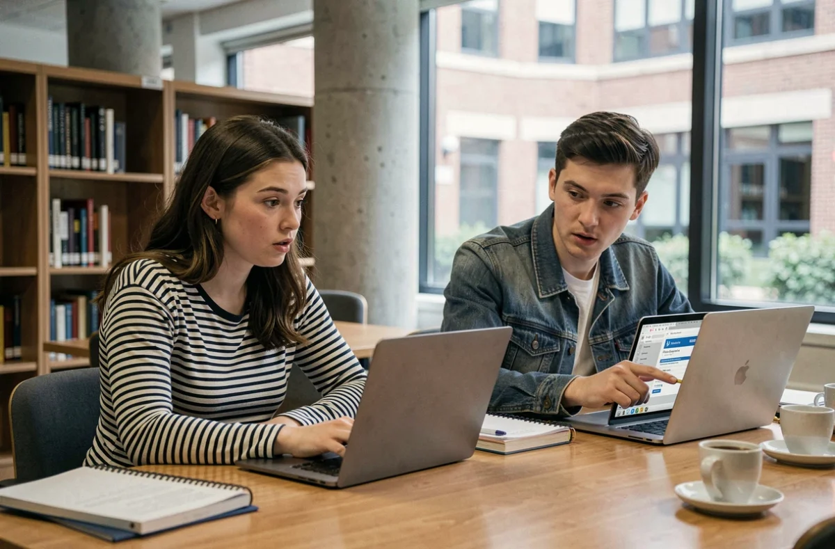 Deux étudiants comparant des offres d'assurance logement sur leurs ordinateurs en bibliothèque