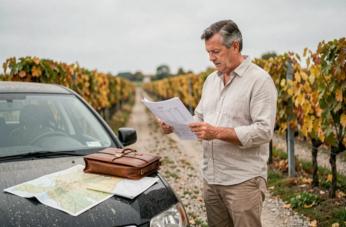 Acheteur consultant un rapport d'évaluation foncière dans un vignoble bordelais à vendre en automne