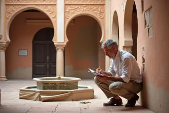 Expert immobilier inspectant les murs en plâtre dégradés d'un riad en rénovation à Marrakech