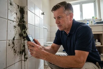 Expert en bâtiment inspectant des moisissures sur les joints d'une salle de bain lors d'un litige locatif