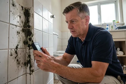 Expert en bâtiment inspectant des moisissures sur les joints d'une salle de bain lors d'un litige locatif