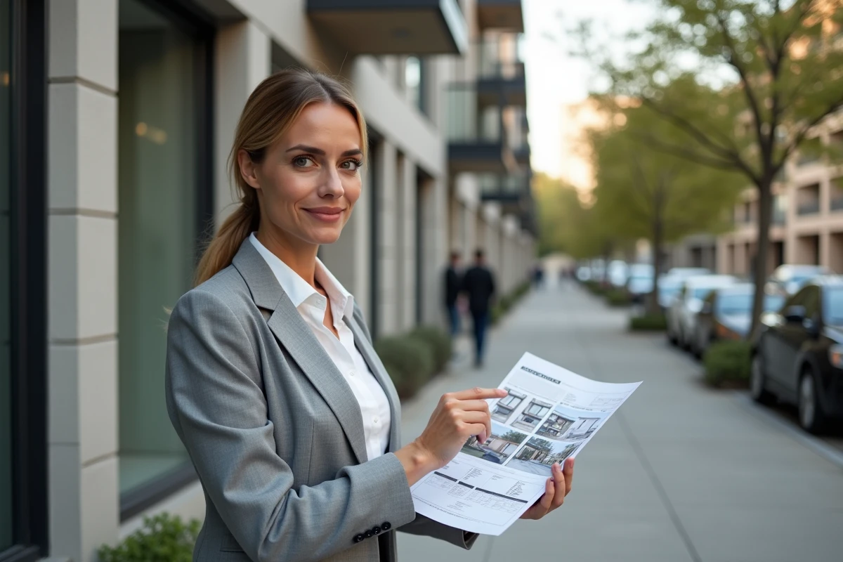 Femme experte en immobilier évaluant un immeuble résidentiel dans le cadre d'une analyse IDR