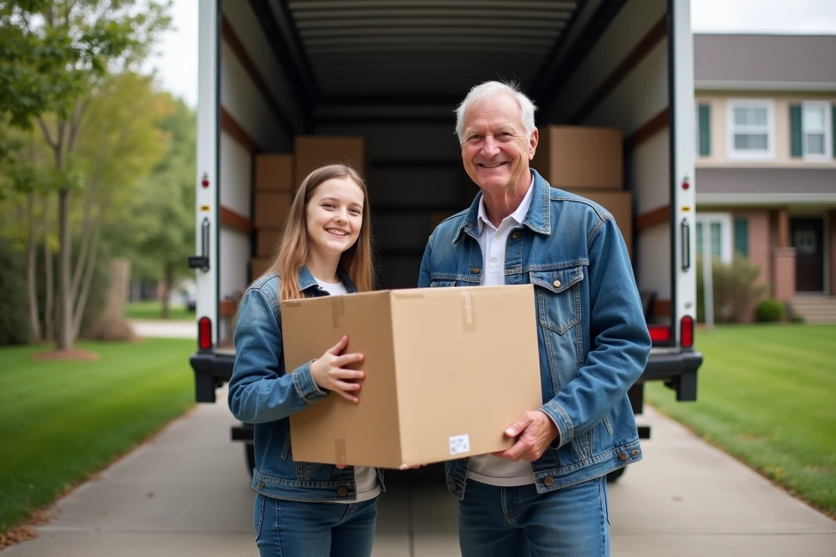Père et fille chargeant des cartons devant un camion de déménagement