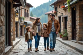 Famille se promenant dans une rue pavée d'un village andorran avec montagne en arrière-plan