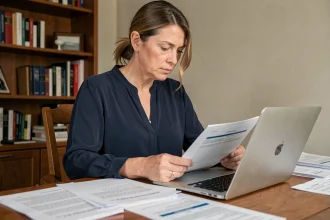 Femme analysant des avis de services LOC sur son ordinateur portable avec des documents imprimés sur un bureau en bois