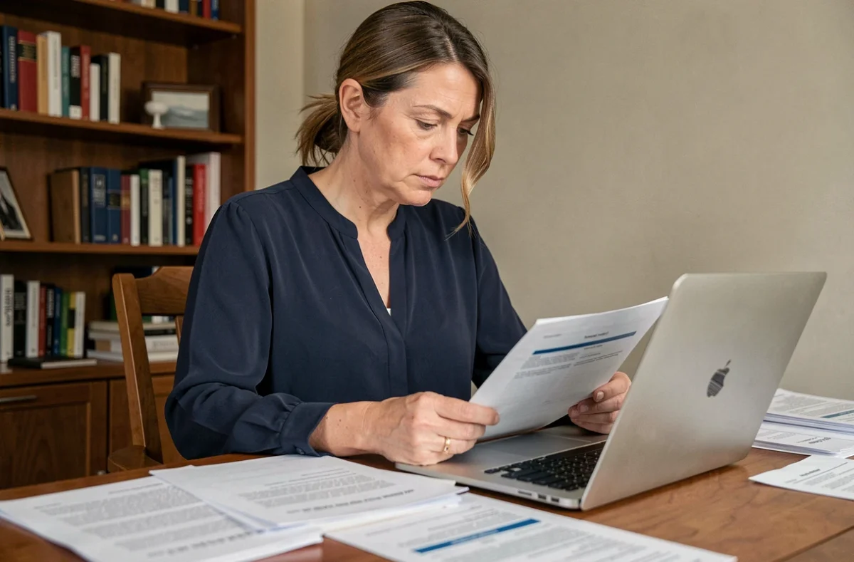 Femme analysant des avis de services LOC sur son ordinateur portable avec des documents imprimés sur un bureau en bois