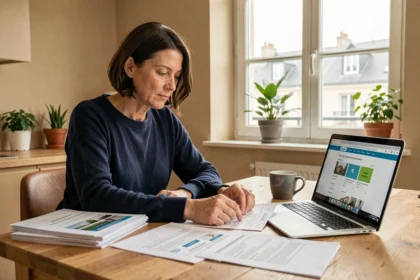 Femme consultant des documents d'assurance habitation dans un appartement à Aulnay-sous-Bois