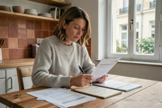 Femme comparant des documents d'assurance habitation à sa table de cuisine avant de signer un contrat