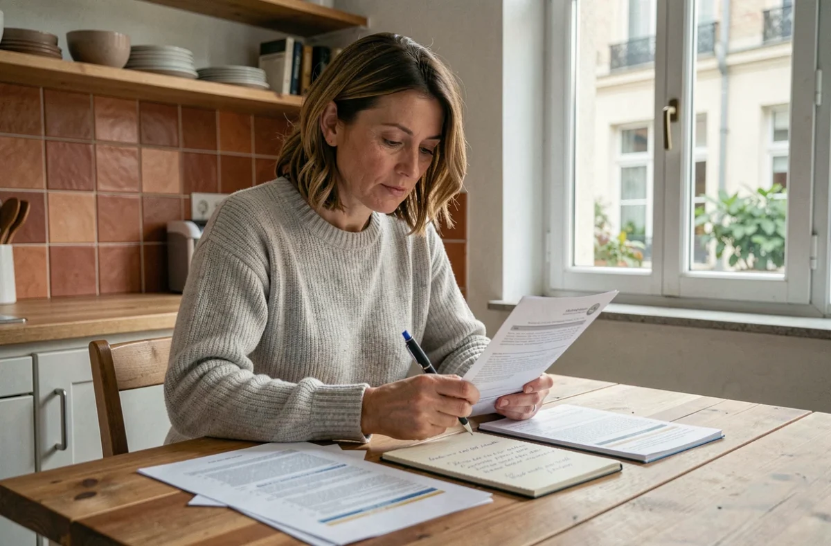 Femme comparant des documents d'assurance habitation à sa table de cuisine avant de signer un contrat