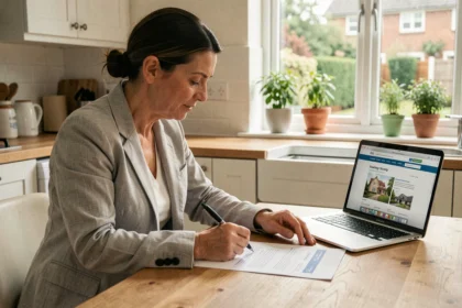 Femme consultant des documents d'assurance habitation sur une table en bois avec un ordinateur portable affichant un comparateur en ligne