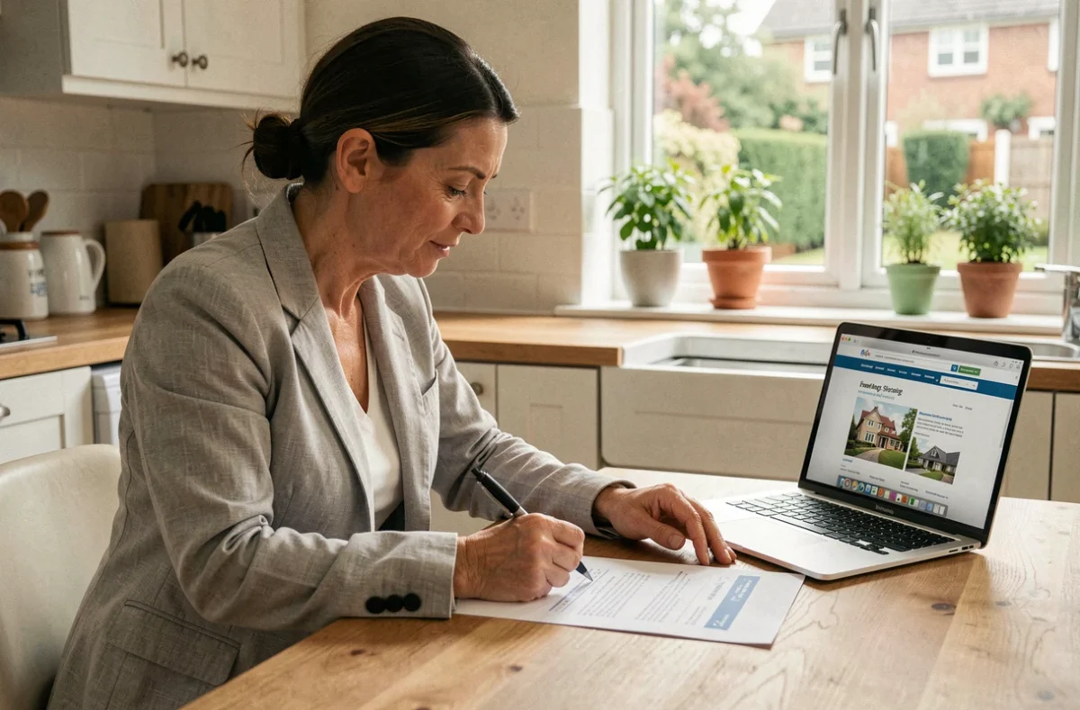 Femme consultant des documents d'assurance habitation sur une table en bois avec un ordinateur portable affichant un comparateur en ligne