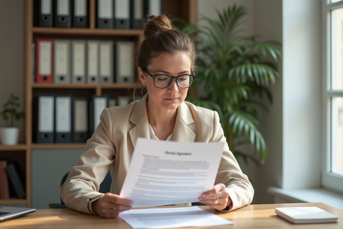 Femme relisant un contrat de bail avec préavis locatif article 15 loi du 6 juillet 1989