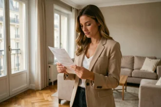 Femme consultant un contrat de location dans un appartement moderne à Lyon, erreurs à éviter lors d'une location immobilière