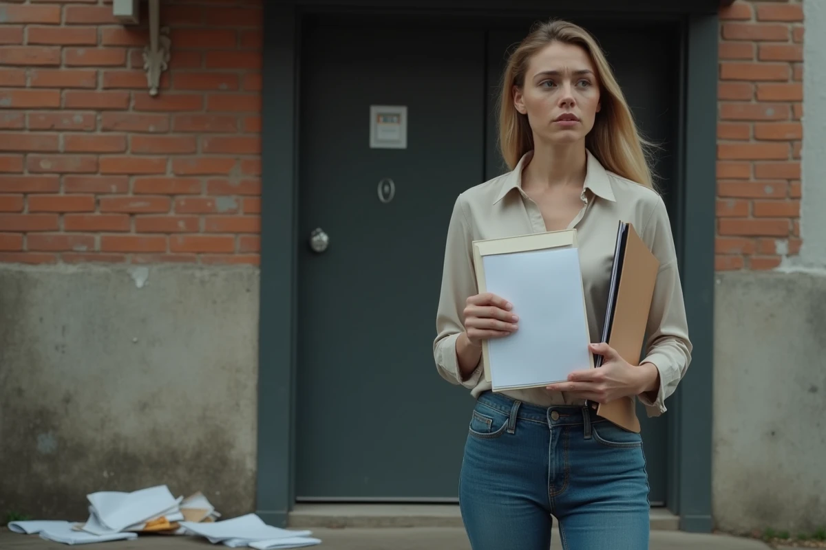 Jeune femme tenant un contrat devant un bâtiment urbain