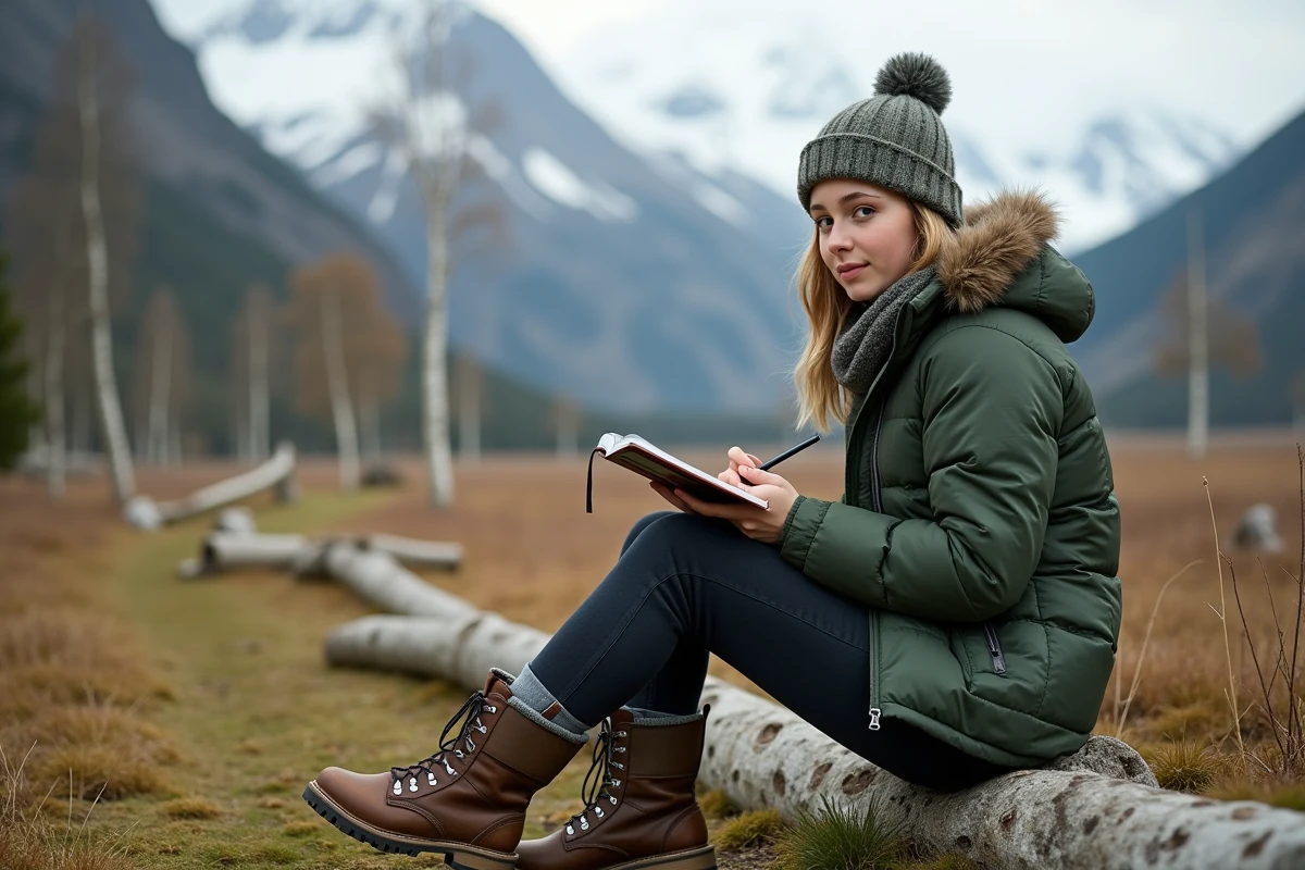 Jeune femme dessinant dans la nature avec montagnes en arrière-plan