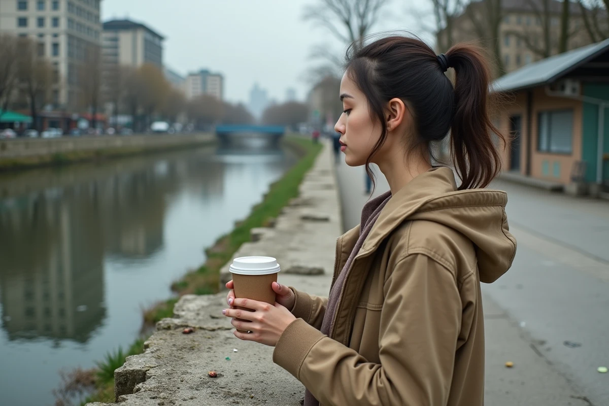 Jeune femme contemplant un embâche en béton dégradé