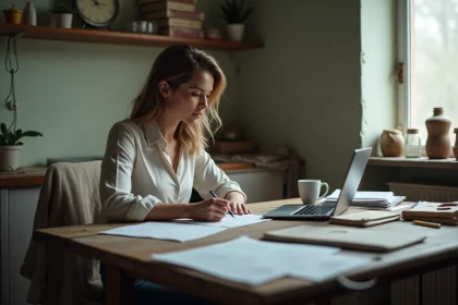 Femme écrivant une lettre dans un appartement en mauvais état